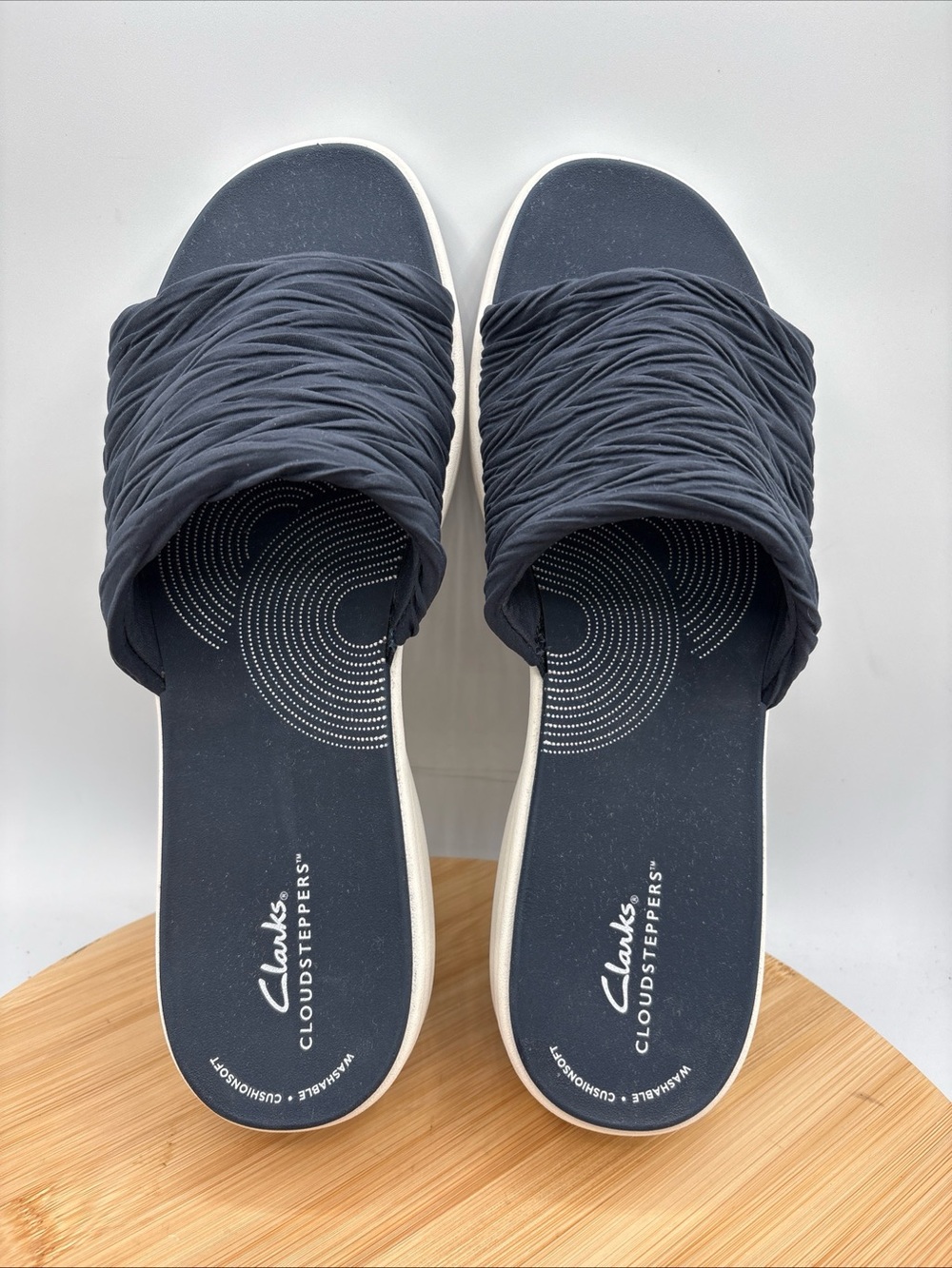 Clarks Cloudsteppers Drift Petal Slide Sandals Navy Washable Comfort Sz 12W